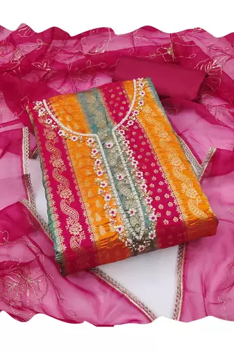 Multicolor hand embroidery jacquard semi stitched churidar dress-materials