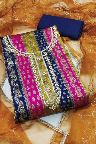Multicolor hand embroidery jacquard semi stitched churidar dress-materials