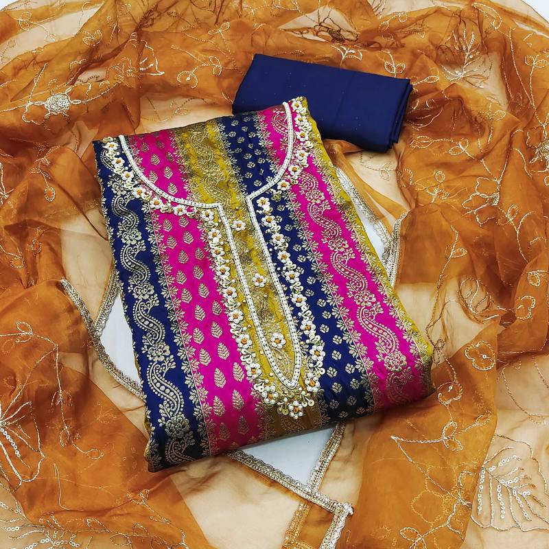 Multicolor hand embroidery jacquard semi stitched churidar dress-materials