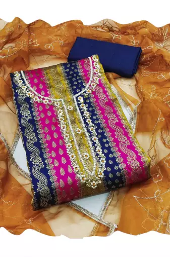 Multicolor hand embroidery jacquard churidar dress-materials