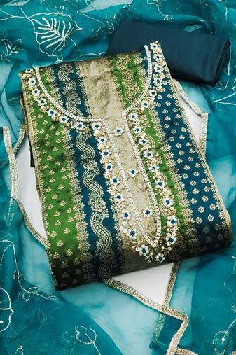 Multicolor hand embroidery jacquard semi stitched churidar dress-materials