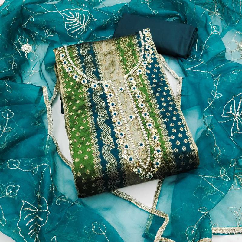 Multicolor hand embroidery jacquard semi stitched churidar dress-materials