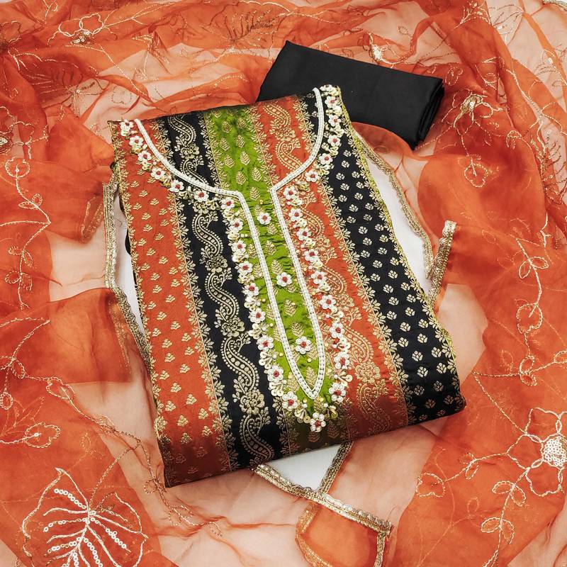 Multicolor hand embroidery jacquard semi stitched churidar dress-materials