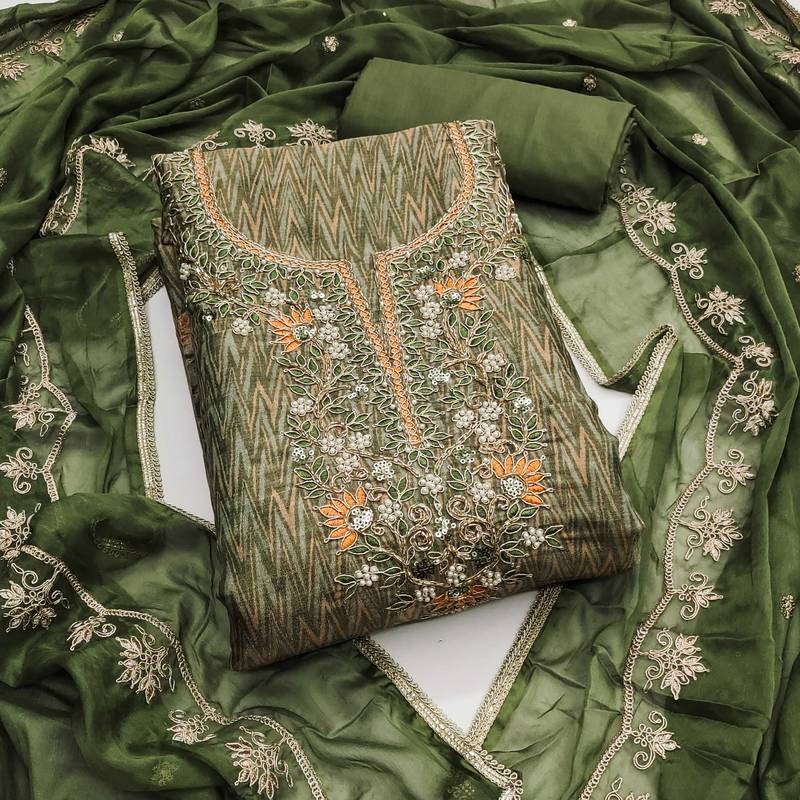 Multicolor hand embroidery cotton silk semi stitched churidar dress-materials