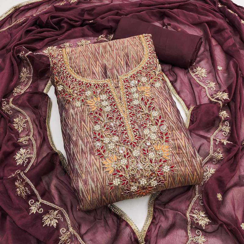 Multicolor hand embroidery cotton silk semi stitched churidar dress-materials