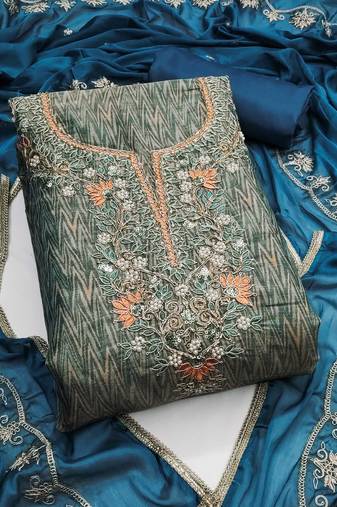 Multicolor hand embroidery cotton silk semi stitched churidar dress-materials