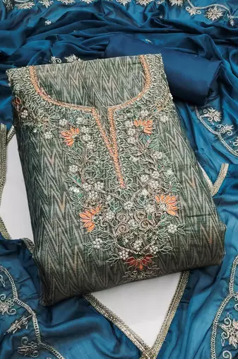 Multicolor hand embroidery cotton silk semi stitched churidar dress-materials