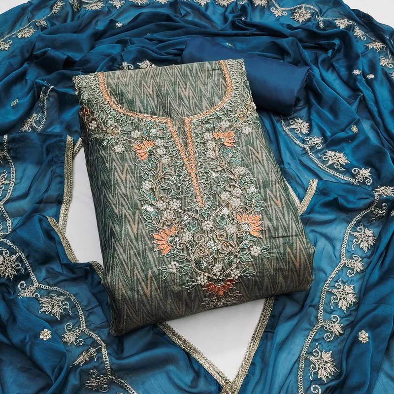 Multicolor hand embroidery cotton silk semi stitched churidar dress-materials