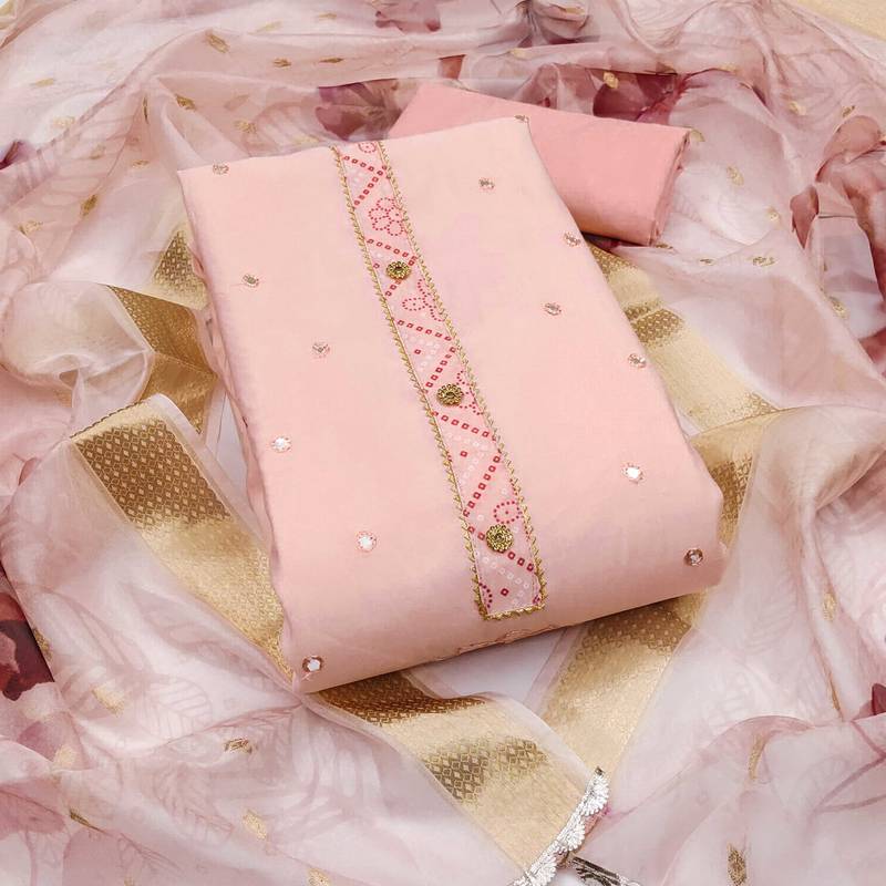 Peach embroidered cotton silk semi stitched churidar dress-materials