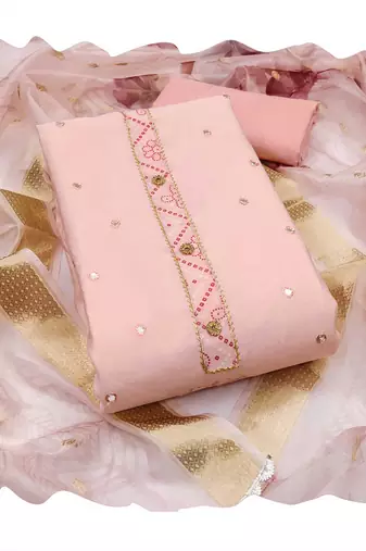 Peach embroidered cotton silk churidar dress-materials