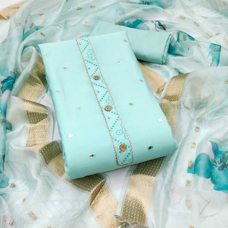 Sea-green embroidered cotton silk semi stitched churidar dress-materials