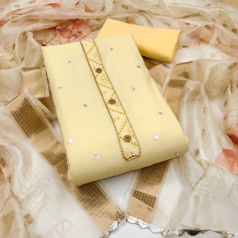Light-yellow embroidered cotton silk semi stitched churidar dress-materials