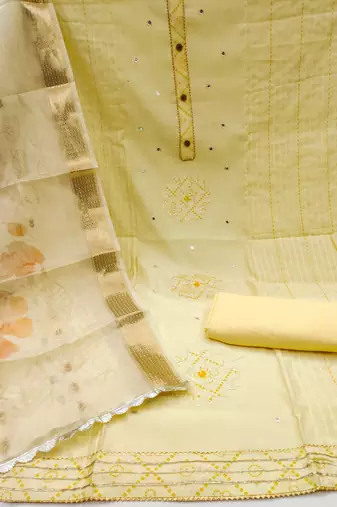 Light-yellow embroidered cotton silk churidar dress-materials