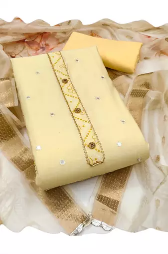 Light-yellow embroidered cotton silk churidar dress-materials