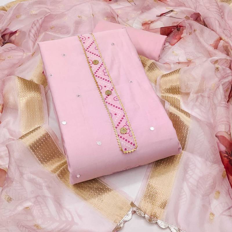 Pink embroidered cotton silk semi stitched churidar dress-materials