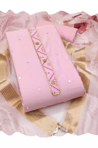 Pink embroidered cotton silk churidar dress-materials