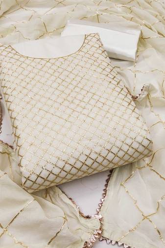 White embroidered chanderi semi stitched churidar dress-materials