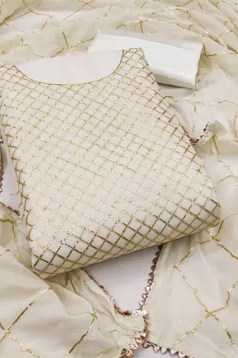 White embroidered chanderi semi stitched churidar dress-materials