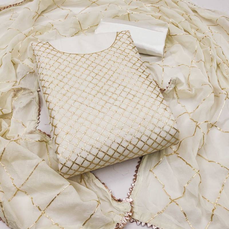 White embroidered chanderi semi stitched churidar dress-materials