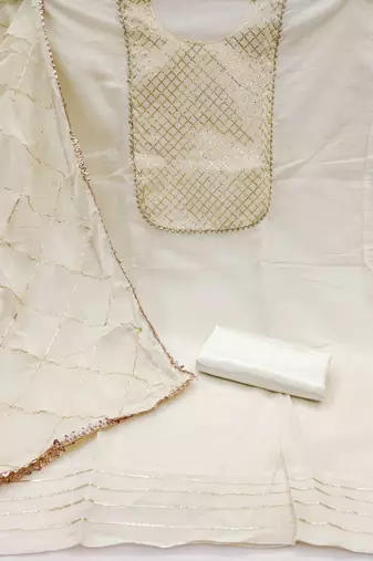 White embroidered chanderi churidar dress-materials