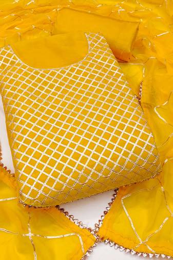 Yellow embroidered chanderi semi stitched churidar dress-materials