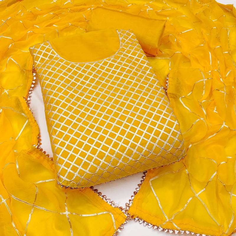 Yellow embroidered chanderi semi stitched churidar dress-materials