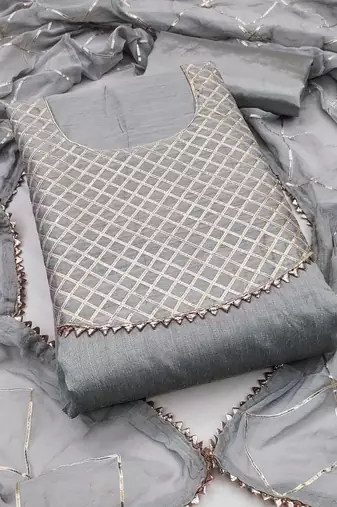 Grey embroidered chanderi semi stitched churidar dress-materials