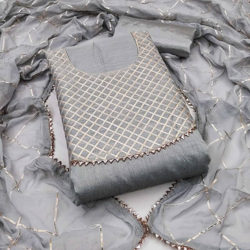 Grey embroidered chanderi semi stitched churidar dress-materials