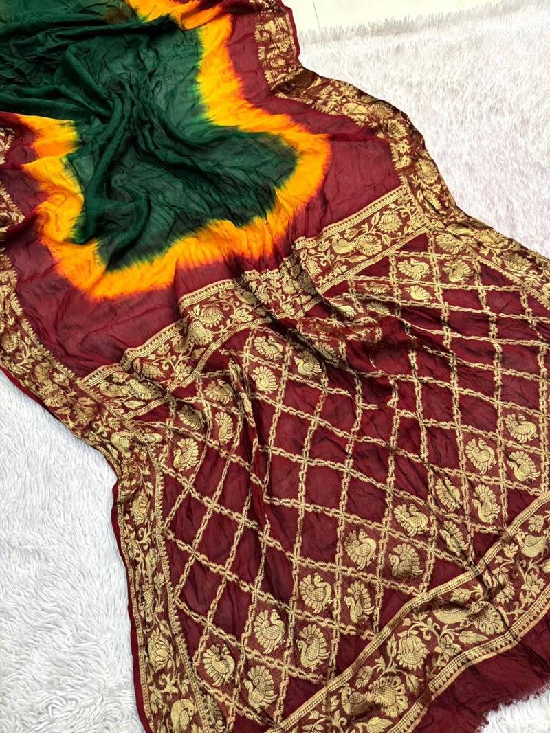 Maroon Color Cotton Silk Kanjivaram Bandhani Saree