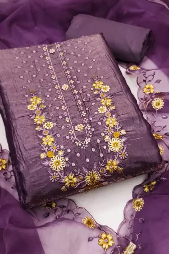 Purple embroidered viscose semi stitched churidar dress-materials