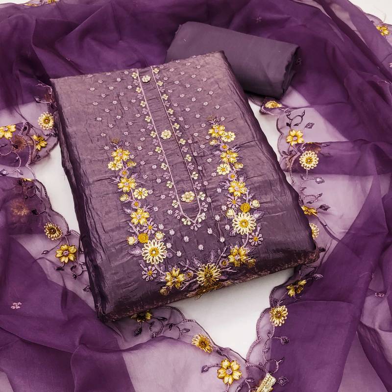 Purple embroidered viscose semi stitched churidar dress-materials