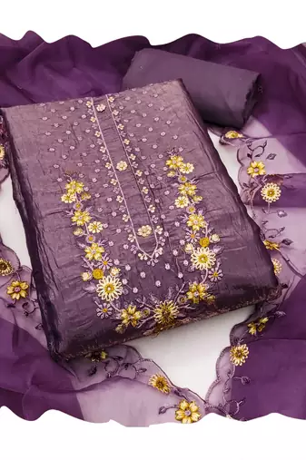 Purple embroidered viscose churidar dress-materials