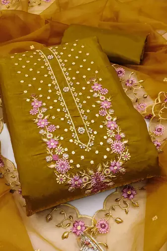 Light-green embroidered viscose semi stitched churidar dress-materials