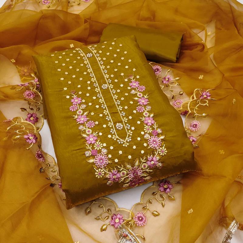 Light-green embroidered viscose semi stitched churidar dress-materials