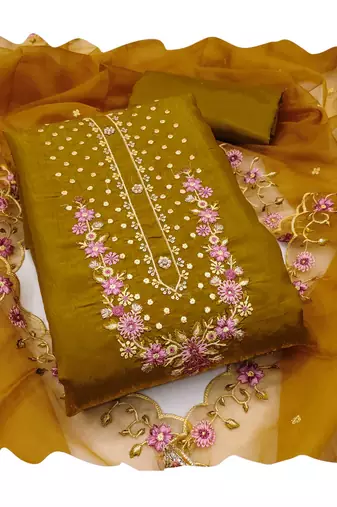 Light-green embroidered viscose churidar dress-materials