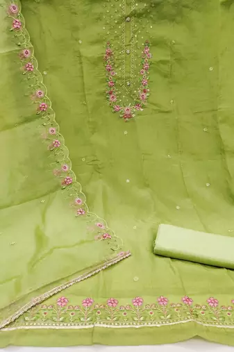 Light-olive embroidered viscose churidar dress-materials