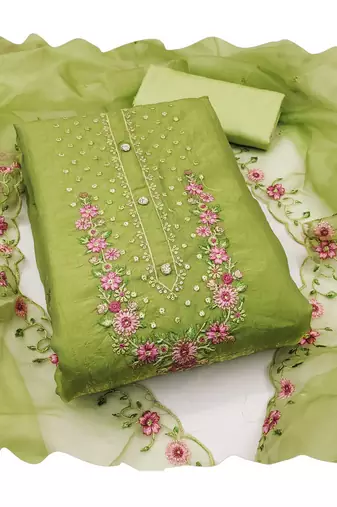 Light-olive embroidered viscose churidar dress-materials