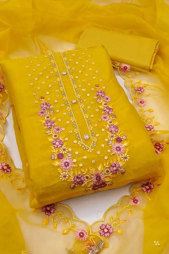 Yellow embroidered viscose semi stitched churidar dress-materials