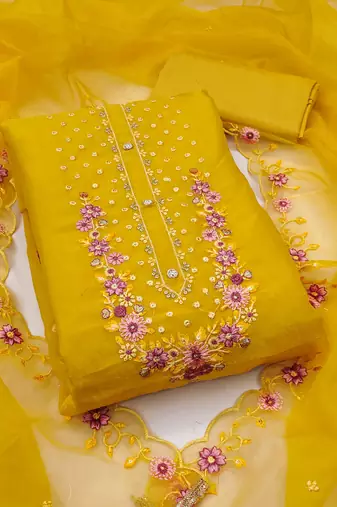 Yellow embroidered viscose semi stitched churidar dress-materials