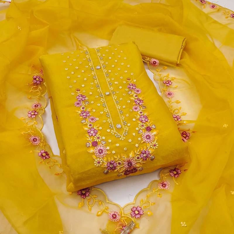 Yellow embroidered viscose semi stitched churidar dress-materials