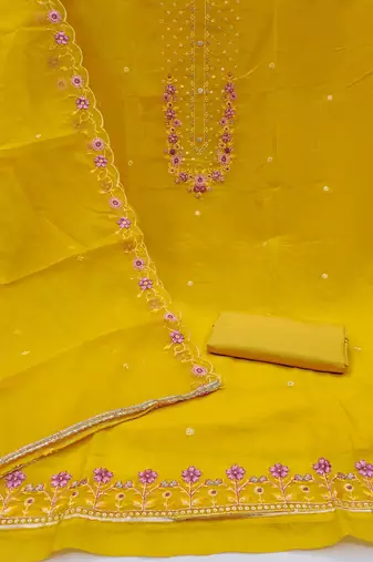 Yellow embroidered viscose churidar dress-materials