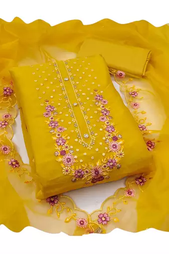 Yellow embroidered viscose churidar dress-materials