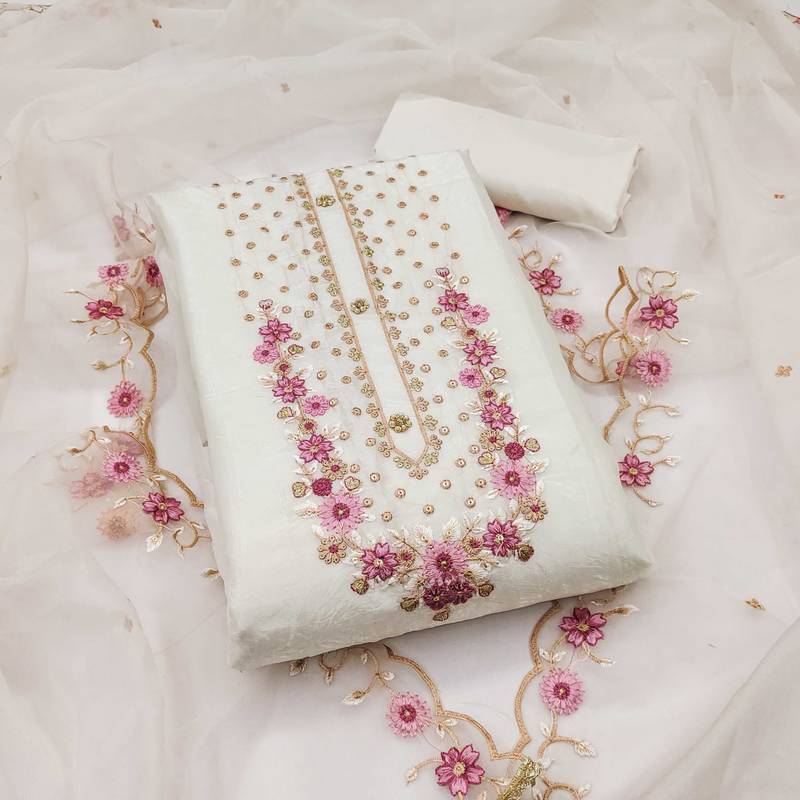 White embroidered viscose semi stitched churidar dress-materials
