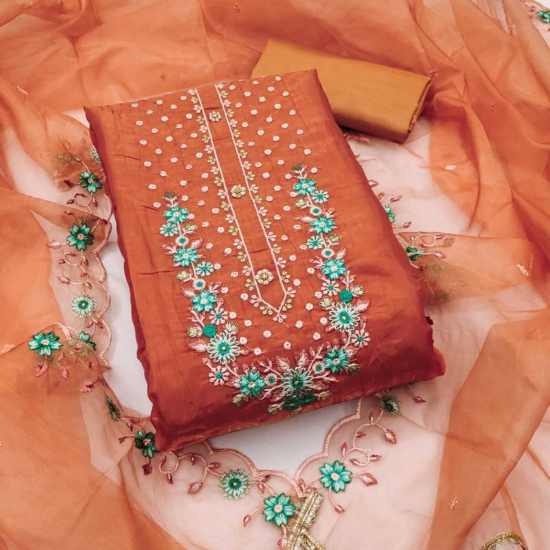 Peach embroidered viscose semi stitched churidar dress-materials
