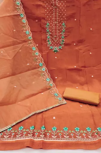 Peach embroidered viscose churidar dress-materials