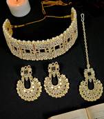 Gold plated mirror choker necklace maang tikka set