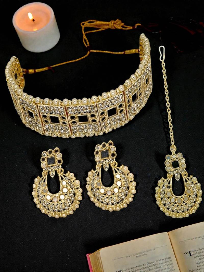 Gold plated mirror choker necklace maang tikka set