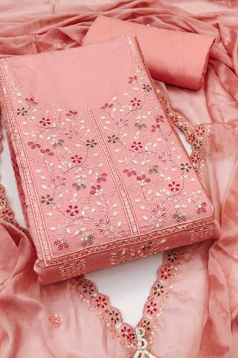 Peach sequins cotton silk semi stitched churidar dress-materials