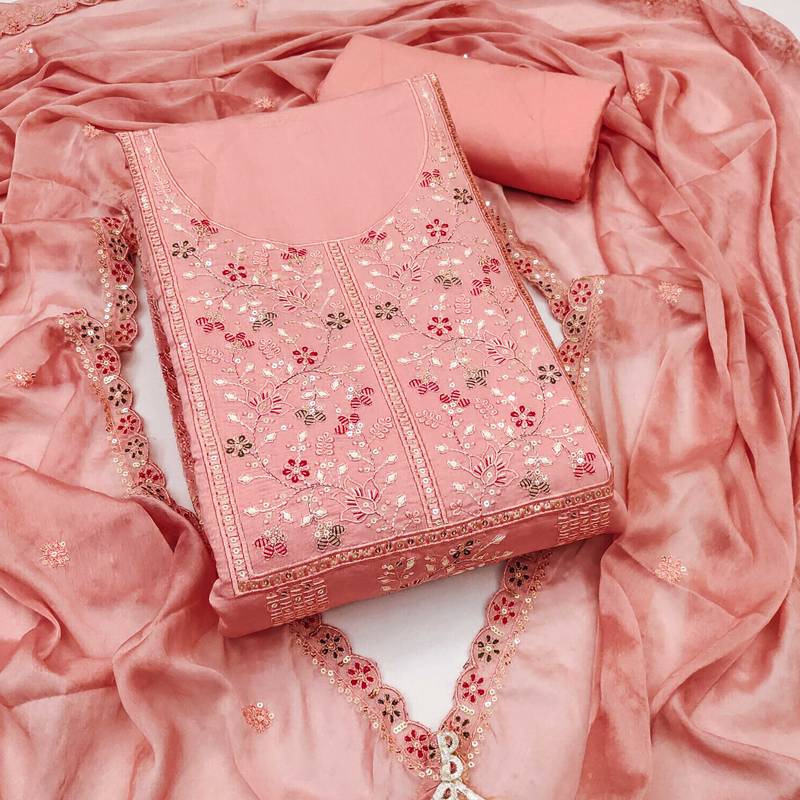 Peach sequins cotton silk semi stitched churidar dress-materials
