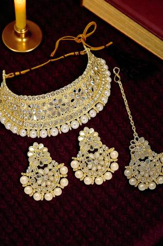 Gold plated mirror choker necklace maang tikka set